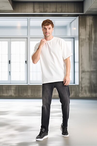 Valiberta İki İplik Kumaş Pamuklu Bisiklet Yaka Basic Oversize Erkek T-Shirt - Ekru