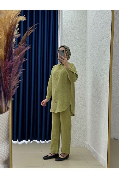 Ebrar Store İdil Strawberry Fabric Mini Button Trousers Suit-Zi̇2186 Pistachio Green