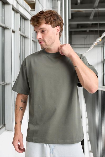 Valiberta Two Thread Fabric Cotton Crew Neck Basic Oversize Men's T-Shirt - Hunter Green