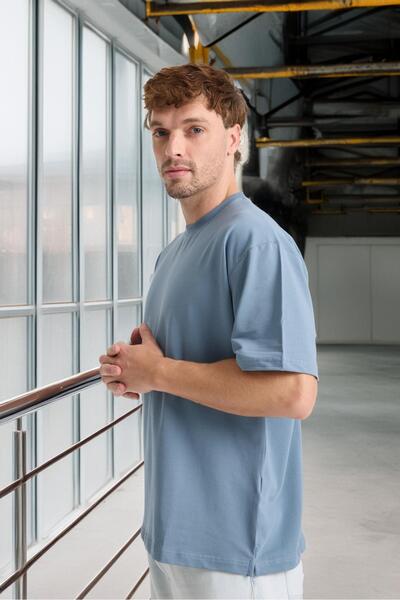 Valiberta Двошаровий бавовняний однотонний чоловічий футболка з круглим вирізом - холодний синій