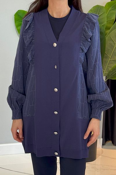 Nuss Ruffle Detail Buttoned Cardigan 6051 Navy Blue