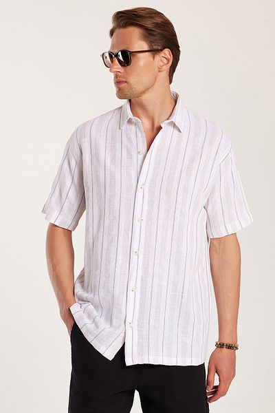 Tudors Ανδρικό πουκάμισο Relax Fit Oversize από βαμβακερό λινό εφέ ριγέ ειδικού σχεδιασμού