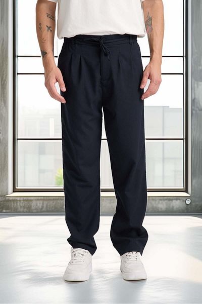 Valiberta Front Double Pleated Zippered Elastic Waist Jogger Men's Trousers - Navy Blue