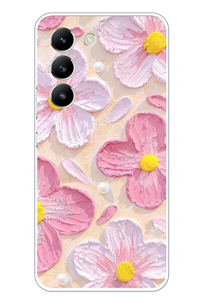 TechTree Vivo V30 Lite Uyumlu Pembe Beyaz Çiçekler Sulu Boya Şeffaf Silikon K...