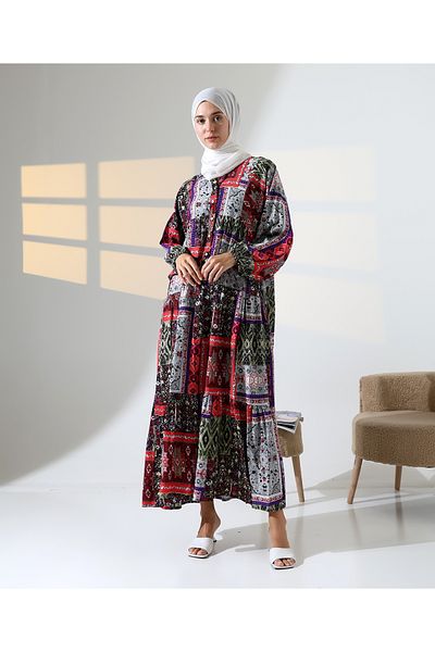 Mihran Butik Women's 100% Cotton Viscose Patterned Red Hijab Dress