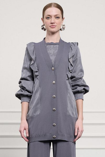Nuss Ruffle Detail Buttoned Cardigan 6051 Anthracite