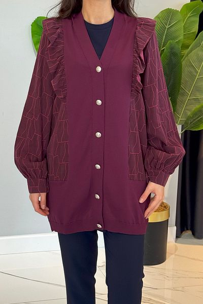 Nuss Ruffle Detail Buttoned Cardigan 6051 Claret Red