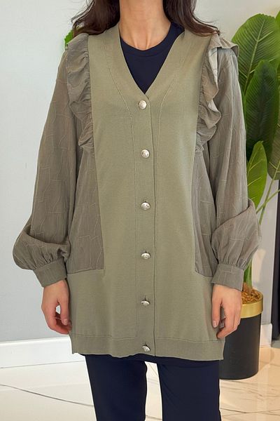 Nuss Ruffle Detail Buttoned Cardigan 6051 Thyme