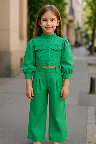 Hilal Akıncı Kids Kız Çocuk Hakim Yakalı Balon Kollu Astarlı Crop Ceket Pens ...