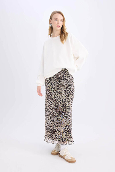 DeFacto A-Linien-Maxirock mit Leopardenmuster, hoher Taille und gekämmtem Tül...