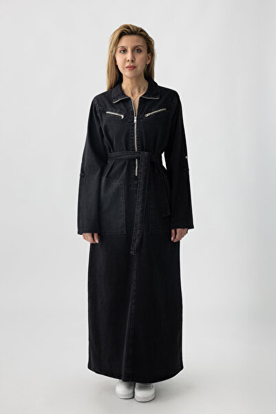 Suede Style 5363 - Τζιν φόρεμα με ζώνη, τσέπες, λεπτομέρεια με φερμουάρ, άνετ...