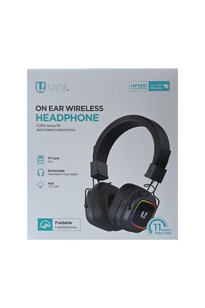Unico HP1851 Wireless Headphones, RGB LED, foldable, Jack+Type-C, TF Card, 11h battery life