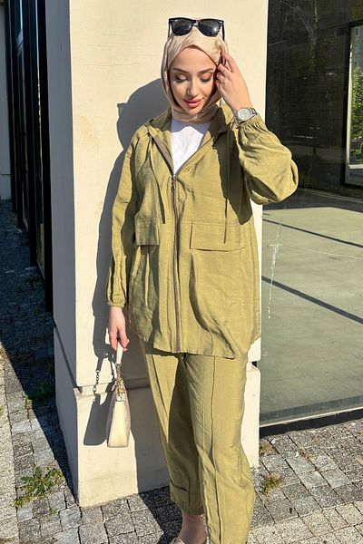 Tesettür Diyarı Women's Summer Fabric Zippered Sports Suit-Fat Green