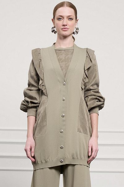 Nuss Ruffle Detail Buttoned Cardigan 6051 Thyme