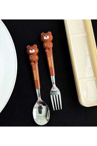 gifttime Cute Animal Teddy Bear Fork Spoon Set for Kids