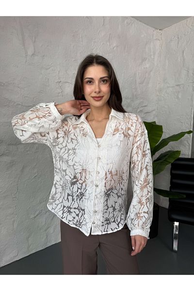 Elif Özbey Butik Cămașă transparentă florală albă