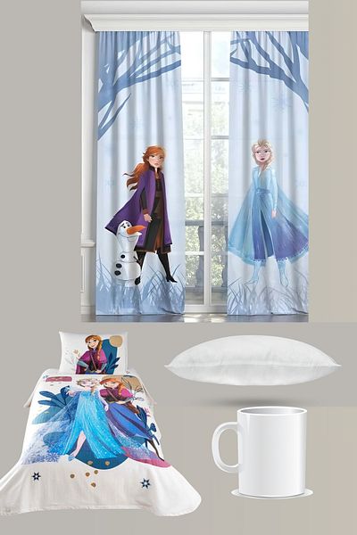 Taç Frozen Pike Set + 2-Piece Frozen Background Curtain + Pillow + Mug Cup Gift Total 7 Pieces