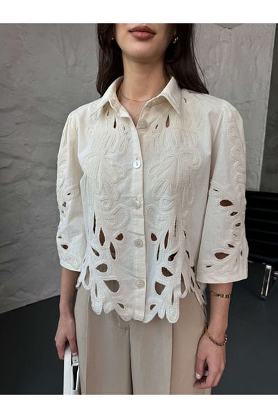 Elif Özbey Butik Stone Embroidered Design Linen Shirt