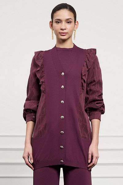 Nuss Ruffle Detail Buttoned Cardigan 6051 Claret Red