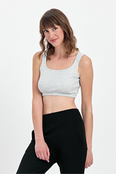 Kalın Askılı Fitilli Kar Melanj Kare Yaka Crop Atlet