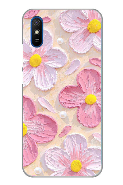 TechTree Redmi 9A Uyumlu Pembe Beyaz Çiçekler Sulu Boya Şeffaf Silikon Kılıf