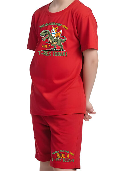 FYK KİDS Boy's Tee-Shorts Trex Today Printed Bottom-Top Suit