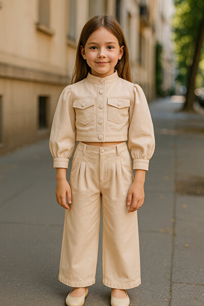 Hilal Akıncı Kids Kız Çocuk Hakim Yakalı Balon Kollu Astarlı Crop Ceket Pens Detaylı Harem Pantolon 2'li Takım