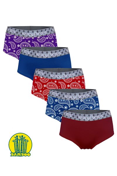 BRAINWEAR Women's 5 Pack Lycra Bamboo Digital Printed Hipster Boxer Briefs - Happy Pandas Creation