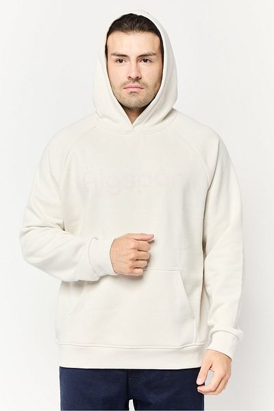 Algspar Men Brand Logo Long Sleeve Hoodie, Cream