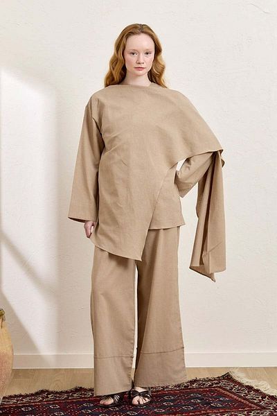 Ceylan Otantik Caramel Organic Linen Shawl Detail Tunic & Double Leg Trousers Set