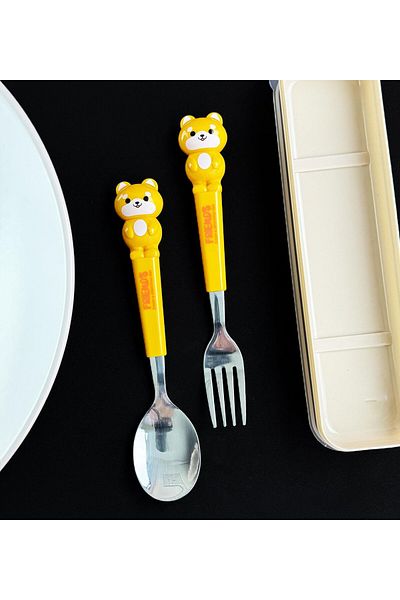 gifttime Cute Animal Yellow Teddy Bear Fork Spoon Set for Kids