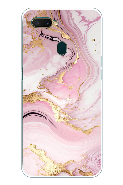 TechTree Oppo A5S- AX7 - A12 Uyumlu Pembe Mermer Şeffaf Silikon Kılıf