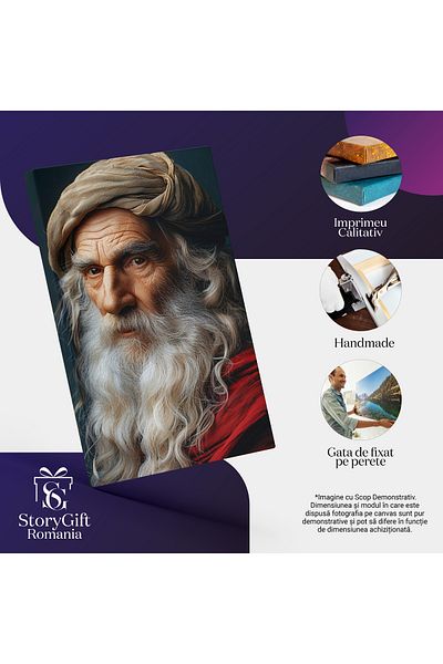 StoryGift Romania Tablou Canvas Barbat Cu Barba Alba Si Lunga Cu Sprancene Stufoase Si Ochii Caprui Cu Un Turban