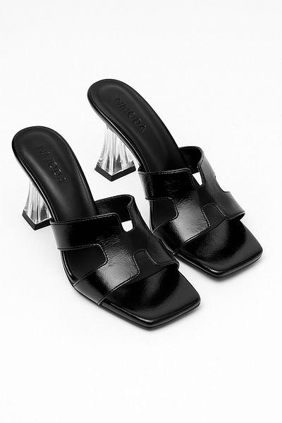 StWenn Papuci de damă din piele neagră cu toc transparent – toc gros, vară, model elegant