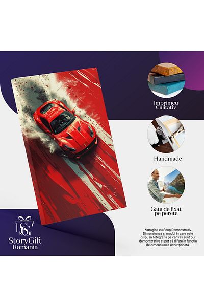 StoryGift Romania Tablou Canvas Automobil Marca Ferrari De Culoarea Rosie Cu Viteza Pe Un Drum Colorat Cu Fum Al