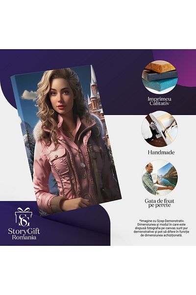 StoryGift Romania Tablou Canvas: Pink Winter Femeie Cu Geaca Roz Cu Puf Vizitand Castelul De Pe Munte Pictura D