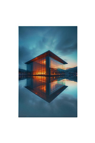 StoryGift Romania Canvas Print Glass House with Huge Pool City with Lights in the Distance at Sunset, Painting