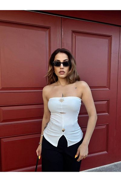 LE CARAMBOLE Women's White Ottoman Fabric Button Detailed Crop Bustier Blouse
