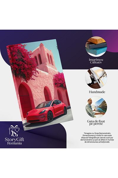 StoryGift Romania Tablou Canvas Cladire Roz Cu Floricele Atasate De Pereti Si O Masina Stationata Langa Casa De