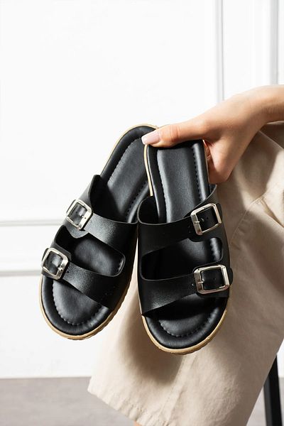 NOVİNS Women's Summer Double Buckle Padded Comfortable Sole Home Garden Balcony Slippers