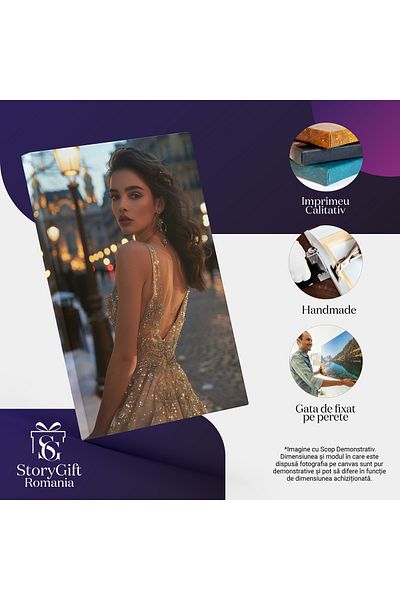 StoryGift Romania Tablou Canvas: Petrecerea Splendoarei Femeie În Rochie Strălucitoare Pe Stradă Pavată Pictura D