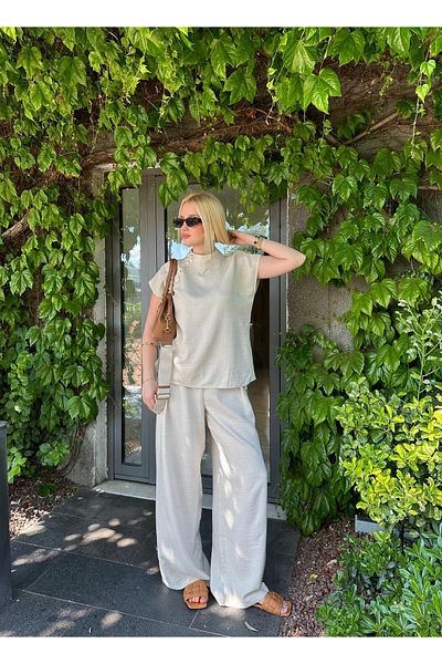 FİOXCO Boherna Stone Cotton Linen Top Shirt Bottom Palazzo Pants Double Set