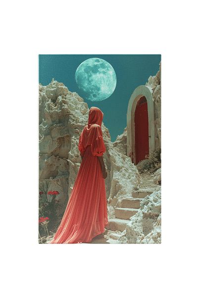 StoryGift Romania Canvas Print Woman climbing stairs to a mysterious door - Moon Watch over the ruins, Pi