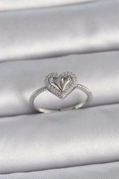 evimera Brass Silver Color Adjustable Zircon Stone Heart Model Women's Ring