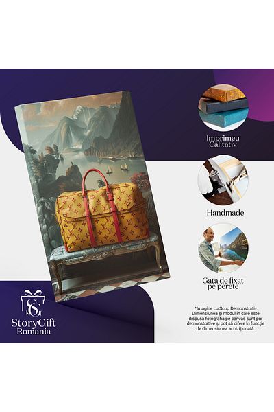 StoryGift Romania Tablou Canvas Geanta De Voiaj Galbenă Louis Vuitton Pe Băncuța Sofisticată În Fața Tabloului ,