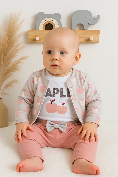 Babydonat Apple Patterned 3-Piece Jacket Set for Baby Girl