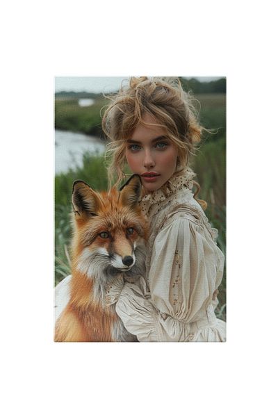 StoryGift Romania Tablou Canvas The Pet Fox cu Ochii Stralucitori langa Fata cu Parul Blond in Rochie de Vara Va