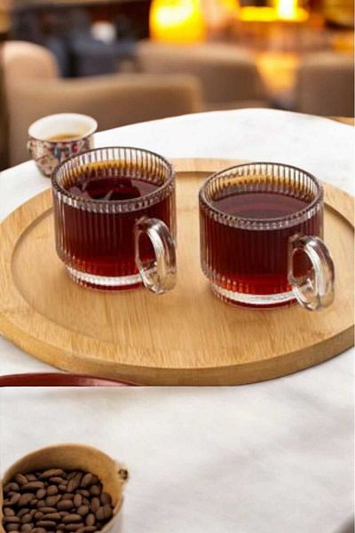 ÇEÇEN HOME 6 Pieces of Tea-Coffee Cup with Handle Glass Striped (1 Piece 90ml)