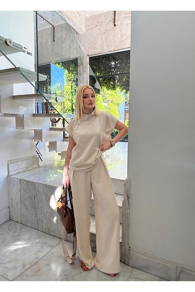 FİOXCO Boherna Stone Cotton Linen Top Shirt Bottom Palazzo Pants Double Set