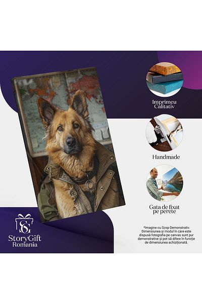 StoryGift Romania Tablou Canvas Ciobănesc German Călător Prin Lume - Câine Echipat De Călătorie Cu Hartă Și Hăinu